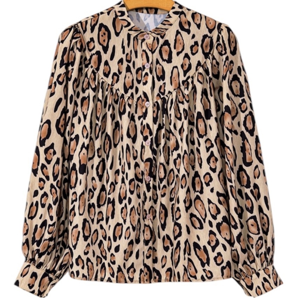 New Leopard Print Balloon Long-sleeve Casual Oversized Blouse, Size 2XL